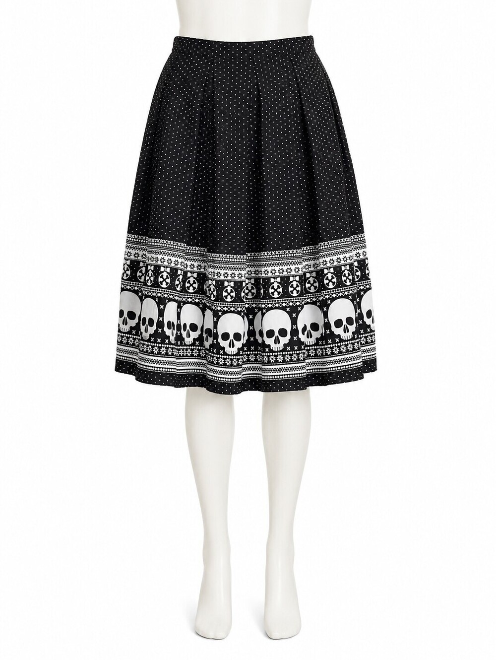 Hell Bunny Black White Skull Polka Dot Pleated A-Line Skirt Gothic Rockabilly XL